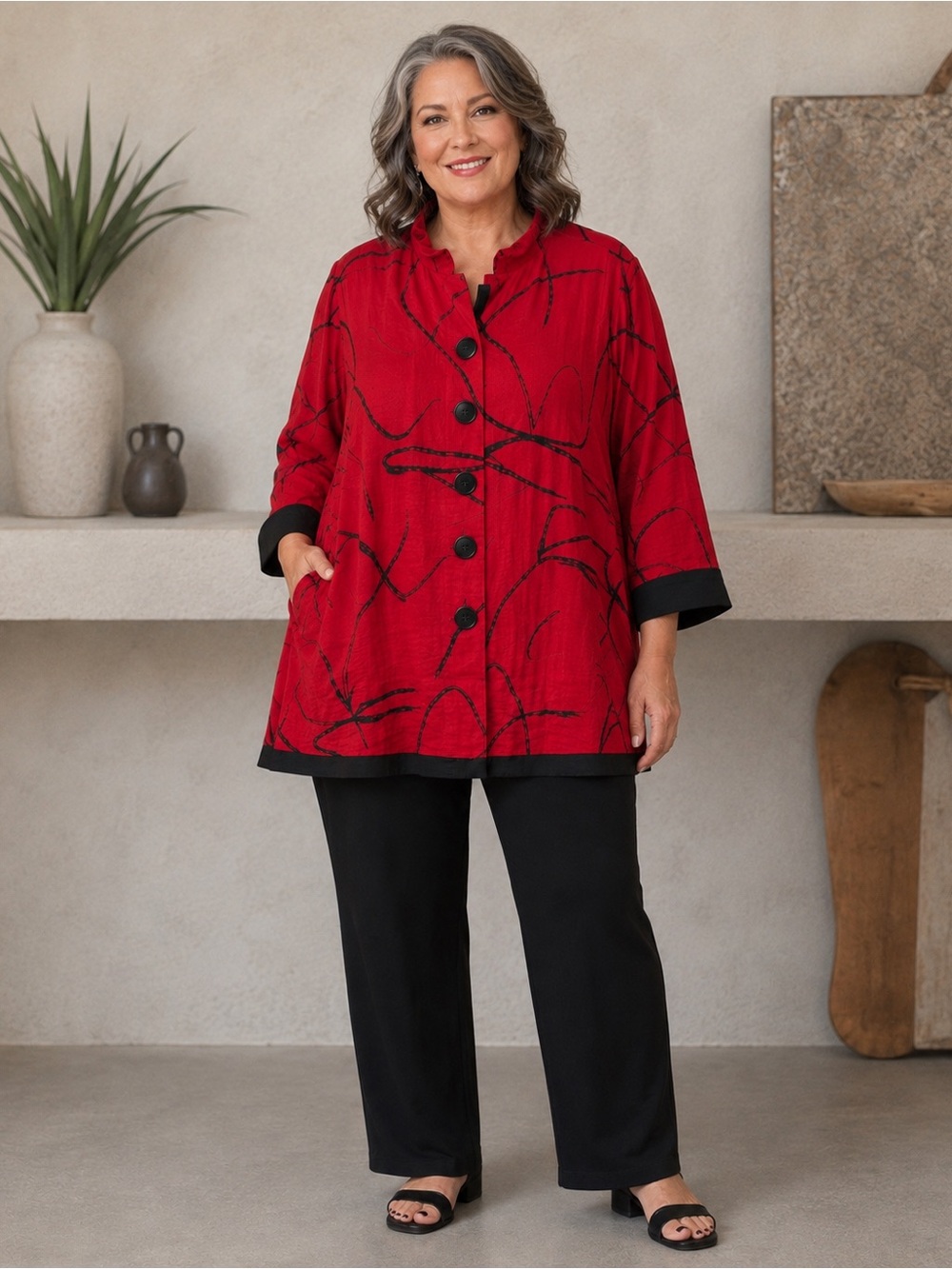 John Mark 1X Red Black Abstract Art Print Swing Shirt Jacket Lagenlook